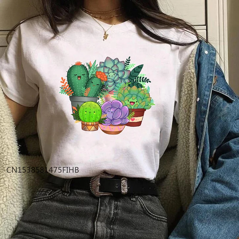 de dibujos animados para mujer, blusas Premium con estampado de Cactus y flores, playera para mujer|Camisetas| - AliExpress