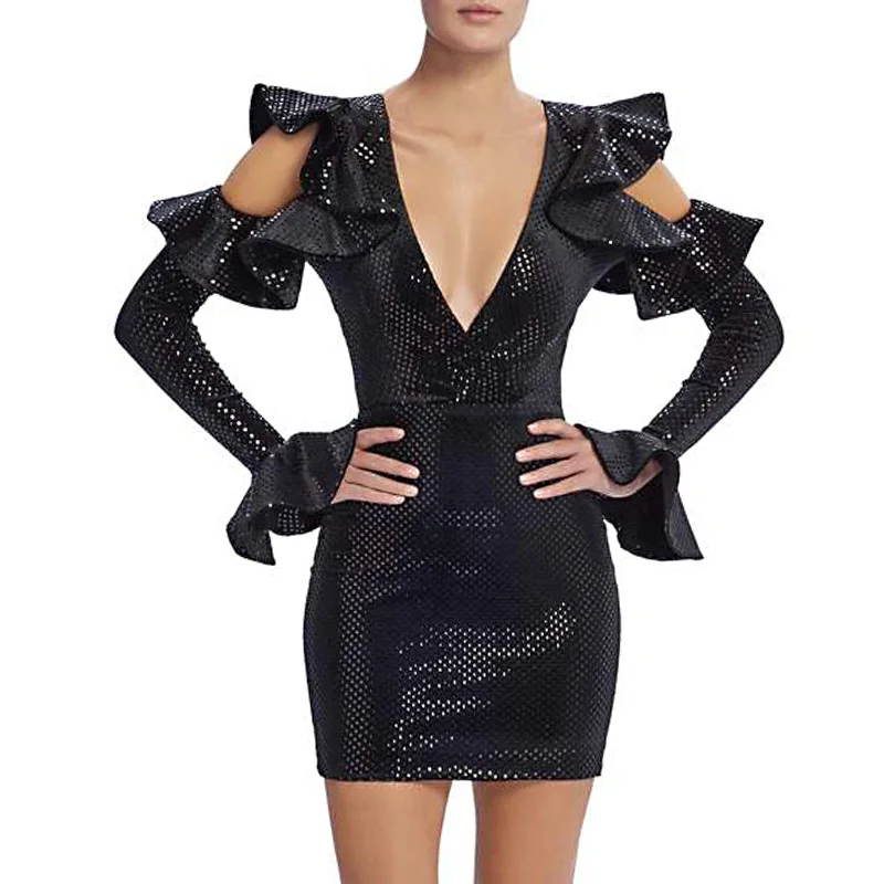 

2019 Runway Black Overlay Sequins Mini Dress Bling Bling Sexy Ruffles Details Cut Out Bodycon Party Dress Streetwears