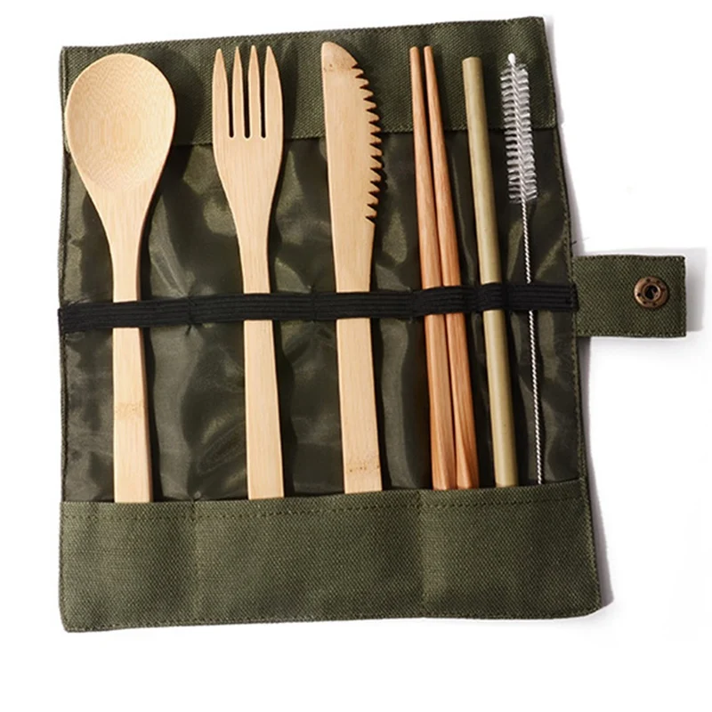 1 Набор бамбуковой посуды для путешествий многоразовый бамбуковый Набор ножей столовые приборы включает вилку ложку нож соломинка щетка для чистки с сумкой для переноски - Цвет: AG
