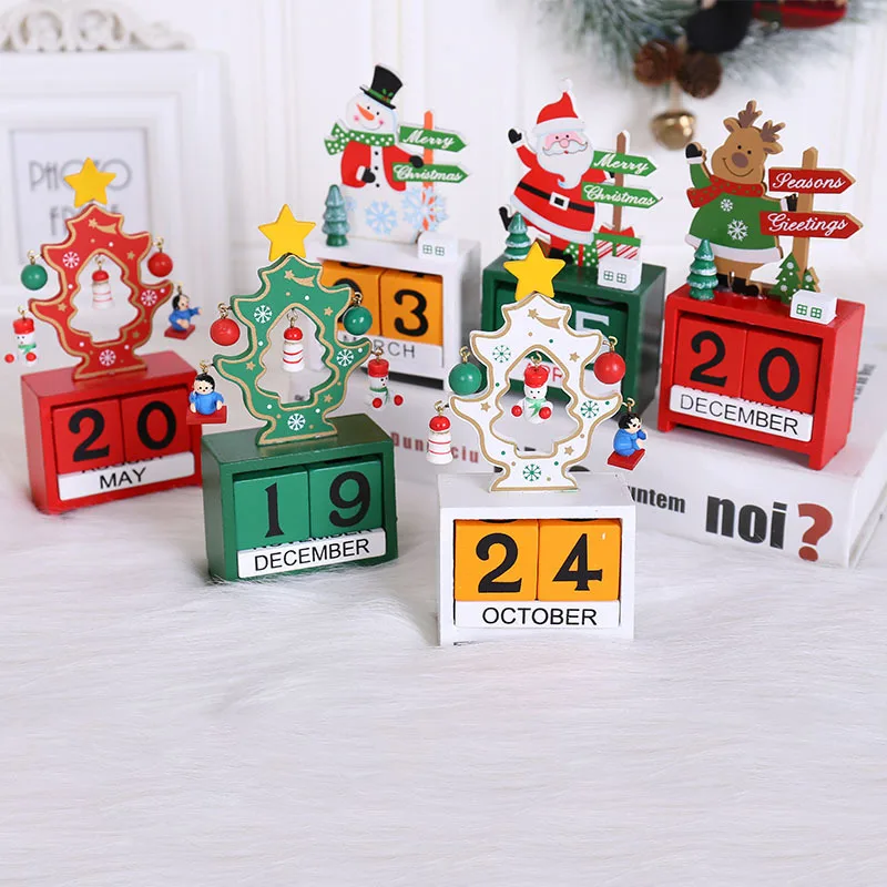 Рождественский календарь, настольное украшение, Деревянный Санта-Клаус, снеговик, олень, узор, блоки, Рождественское украшение для дома