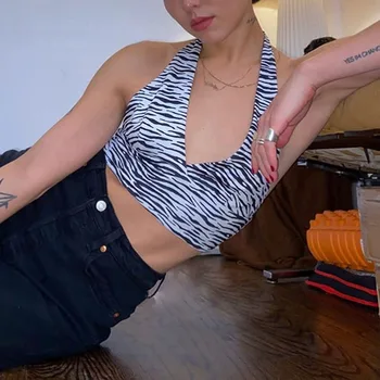 

Vintage Halter Backless Summer Cropped Tops E-girl Zebra Printing Deep V Collar Sleeveless Bralette Chic Y2K Party Tops