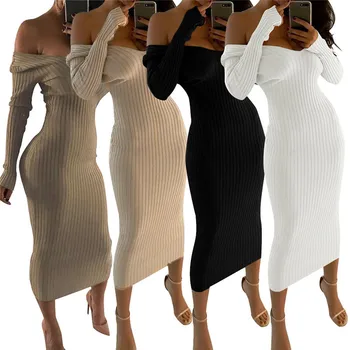 

Sexy Deep V-Neck Knit Ribbed Dress Women Classic Elastic Off Shoulder Calf-Mid Length Graceful Lady Street Vestido Daily Clothes