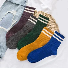 Полосатые блестящие носки для женщин, модные хлопковые носки с серебряной проволокой для школьниц, весенне-осенние повседневные теплые длинные носки
