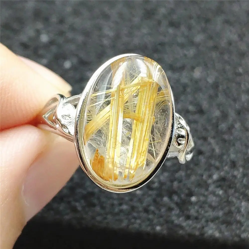Кольцо из натурального золота с рутилированным кварцем, кристаллом 15x10 мм, регулируемое кольцо из стерлингового серебра, женские вечерние кольца, ювелирные изделия AAAAA