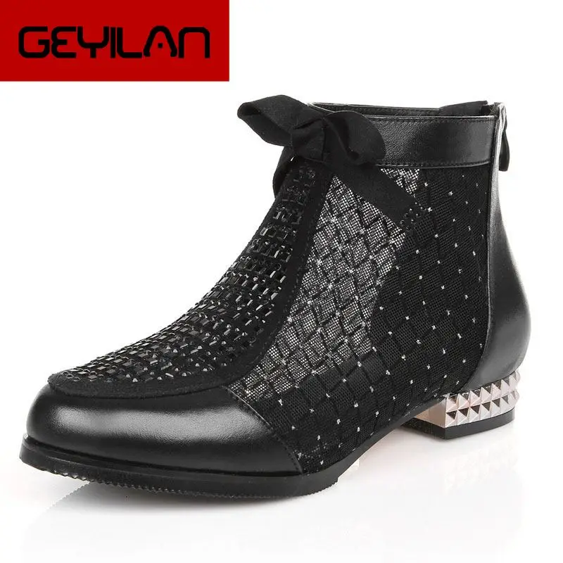

2019 New Genuine Leather Women's Summer Mesh Sandals Fashion Rhinestone Bow Lace Dress shoes big size 41 42 43 shoes women