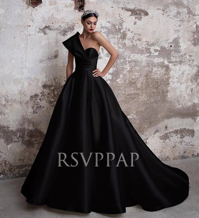 

Black Long Evening Dress 2020 Elegant Wide One Strap Stretch Satin Women Formal Evening Gowns Abendkleider