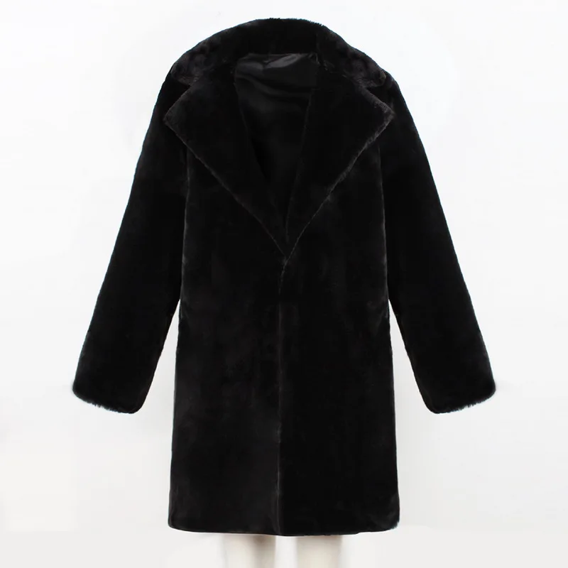 Утолщенное Женское пальто из искусственного меха на осень и зиму, теплое мягкое свободное флисовое пальто из искусственного меха, женское повседневное пальто средней длины с отворотами - Цвет: Black