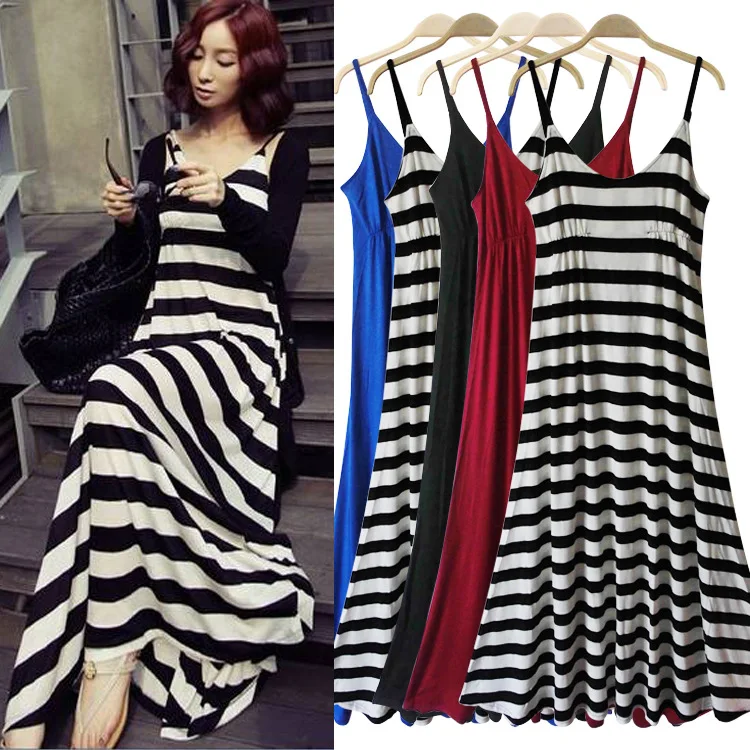 

18 Summer New Style Modal Strapped Dress Women's A- line Skirt Stripes Big Skirt Bohemian Beach Long Skirts