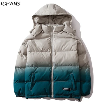 

ICPANS Gradient Puffer Hooded Cotton Padded Parkas Men Winter Thick Warm Removable Bread Coat Jackets Streetwear Hip Hop Casual