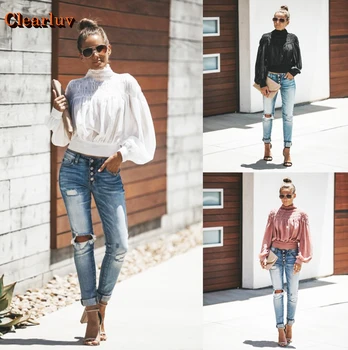 

Clearluv Women Clothing Lantern Chiffon Blouse 2019 Fashion Long Sleeve Turn Down Collar Office Shirt Leisure Blouse Shirt