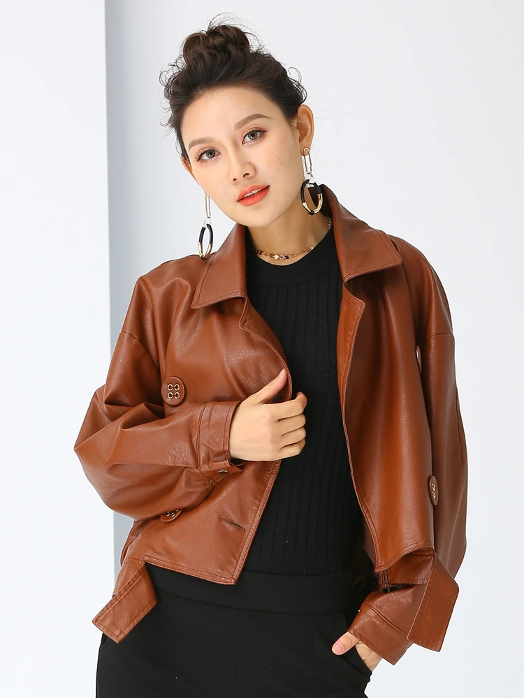 Женская короткая байкерская куртка большого размера, искусственная кожа, отложной воротник, двубортное пальто из искусственной кожи