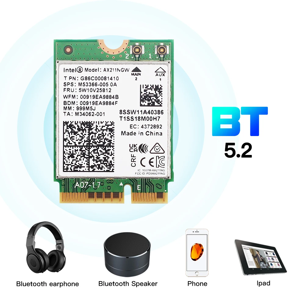 WiFi 6E AX211NGW Tri Band 2.4G/5G/6Ghz Wireless Network Wifi Card Adapter For Bluetooth 5.2 Intel AX211 M.2 KeyE CNVio Windows11