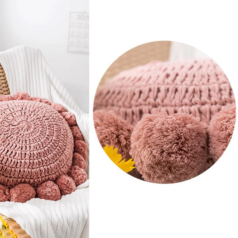 Knit Cushion Solid 50X50cm Cute Pompom Ball Cushion Case Soft for Bed Nursery Room Decorative