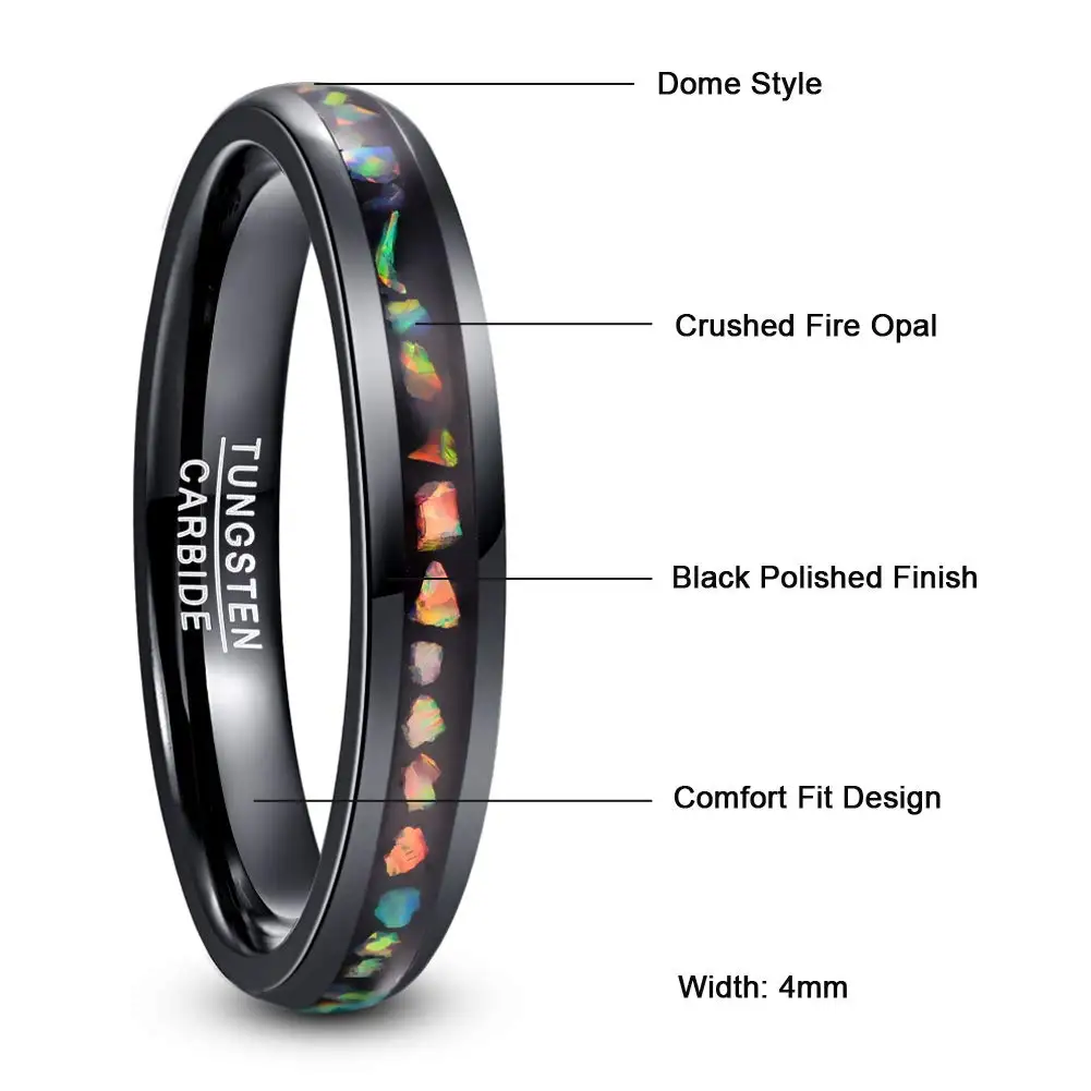 Tungsten Carbide Ring Crushed Fire Opal Men Women Black Dome Engagement Ring Comfortable Fit Ring