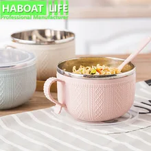 Large Stainless Steel Noodle Bowl with Handle Food Container Rice Bowl Soup Bowls Instant Noodle Bowl with Lid Spoon F
