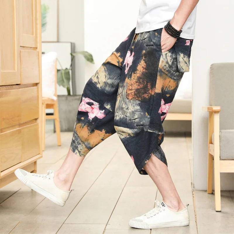 #0646 летние хлопковые льняные Мужские штаны с принтом Tie Dye винтажные свободные