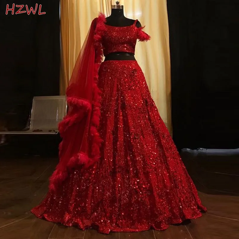

Charming Red Two Pieces Prom Dresses Saudi Arabia Cap Sleeve Sequined A Line Evening Gowns With Feather Robe De Soiree