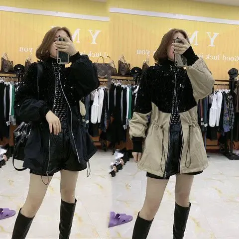 

In the autumn and winter of 2020, the new fashion coat women's loose long sequin drawstring stitching top