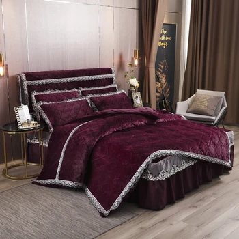 

Velvet Plush Warm Duvet Cover set Quilted Bedspread for Winter Luxury Lace Edge Bedding Set Comforter Cover Bedskirt Pillowcases