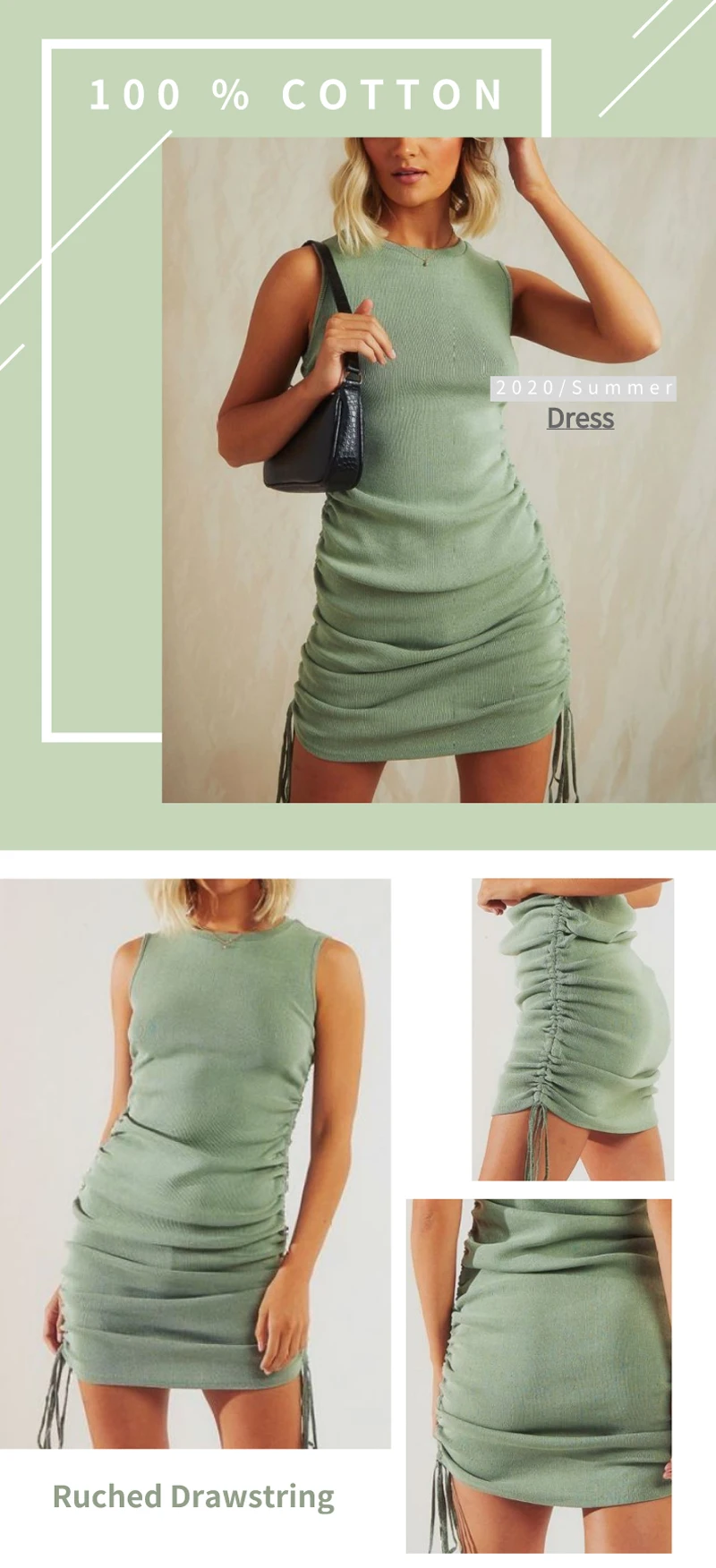 FANTOYE Cotton Ruched Drawstring Sexy Party Dress Women Sleeveless Elastic Mini Dress Vintage Summer Bodycon Club Wear Vestidos