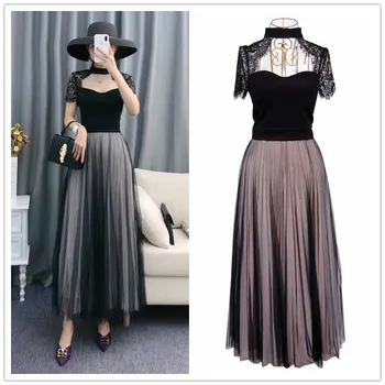 

2020 Women's Summer Solid Color Joint Lace Patchwork Mid-length Off Shoulder Dresses Female Pleated Mujer Vestido Party Dress