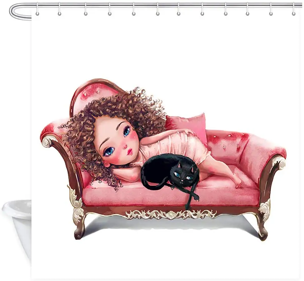 

Африканская афроамериканская мультяшная Девушка с котом на удобном розовом диване шторы для ванной