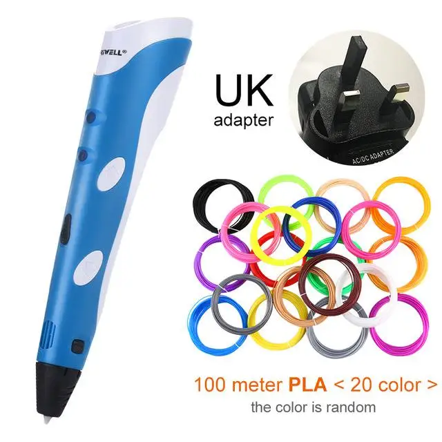 Blue UK-100m PLA Рождественский подарок, 3D Ручка, 2-я оригинальная ручка для рукоделия, 3D печать, ручка с 100 м ABS/PLA нитью, креативная игрушка, подарок для детей, дизайнерский рисунок - Цвет: Blue UK-100m PLA