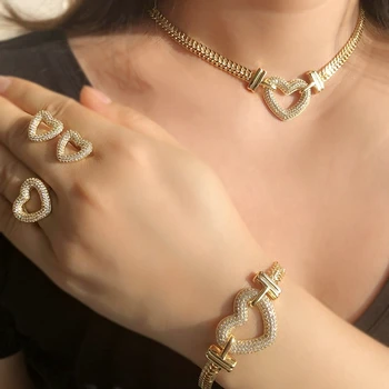 

Luxury Hollow Heart Jewelry Sets Cubic Zirconia Choker Necklace Earrings Bracelet Adjustable Ring Set boho Women Wedding Jewelry