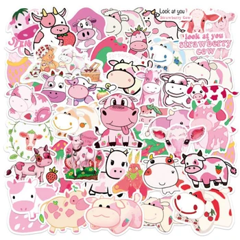 

50PCS Pink Kawaii Cartoon Strawberry Cow VSCO Stickers For Girl Kids DIY Skateboard Suitcase Laptop Bicycle Helmet Car Decals