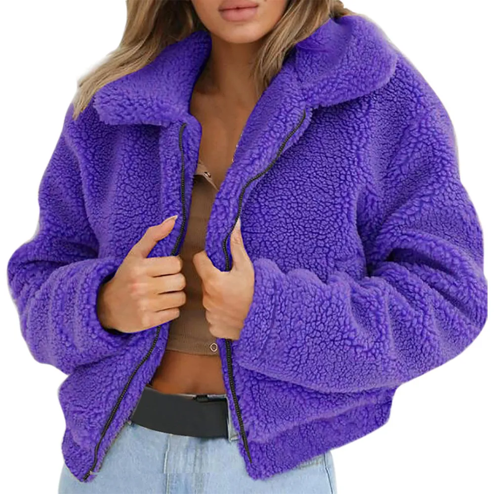 Женское теплое пальто из искусственной шерсти, куртка на молнии, пушистая куртка с длинными рукавами, Зимняя парка, верхняя одежда, зимнее поступление - Цвет: Purple