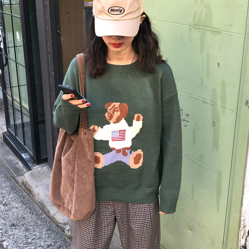 Harajuku Модный осенне-зимний женский вязаный свитер милый флаг медведь мультфильм Вышивка пуловер свитер с длинным рукавом свитер