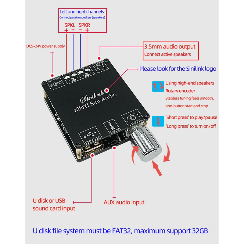Audio Speakers DIY Bluetooth 5.0 High Power Digital Amplifier Stereo Board AMP Amplificador Audio AUX 3.5mm USB sound card - 6