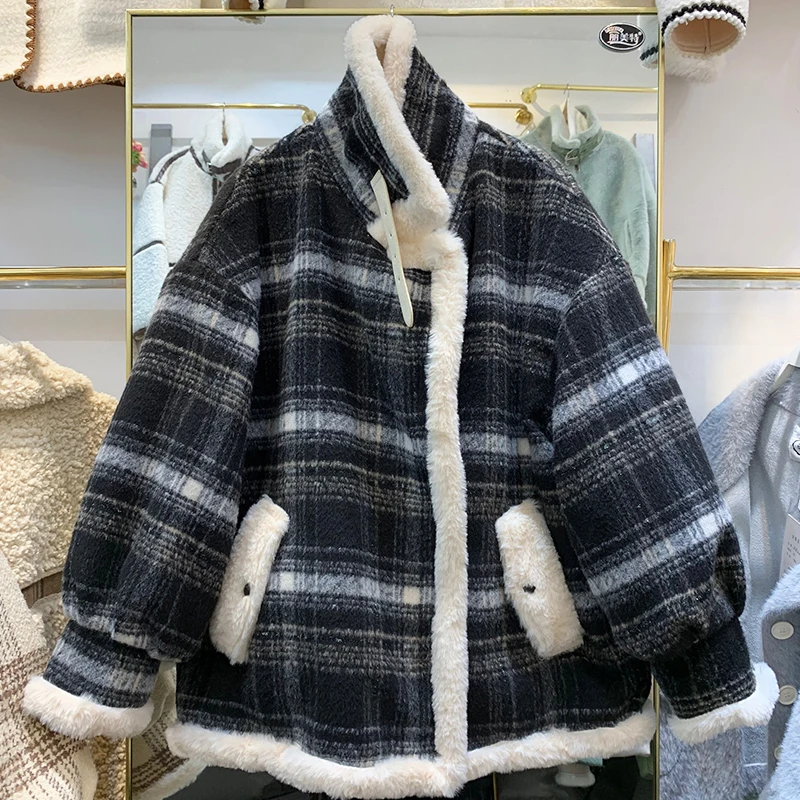 Красное шерстяное пальто в клетку, женская короткая куртка из меха ягненка, зимнее Новое Женское утепленное пальто из овечьей шерсти, короткое плюшевое хлопковое пальто, верхняя одежда