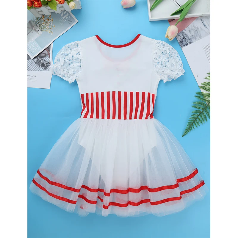 ChicTry Kids Lace Short Sleeves Striped Gymnastics Leotard Girls Mesh Tutu Ballet Figure Skating Dress Performance Dance Costume