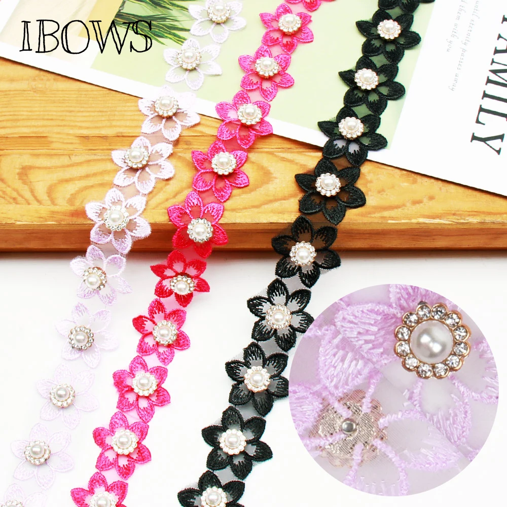 

IBOWS 1yard Pearl Flower Appliques Solid Flowers with Diamond Water Soluble Lace Ribbon for DIY Curtain Clothes Hair Accessories