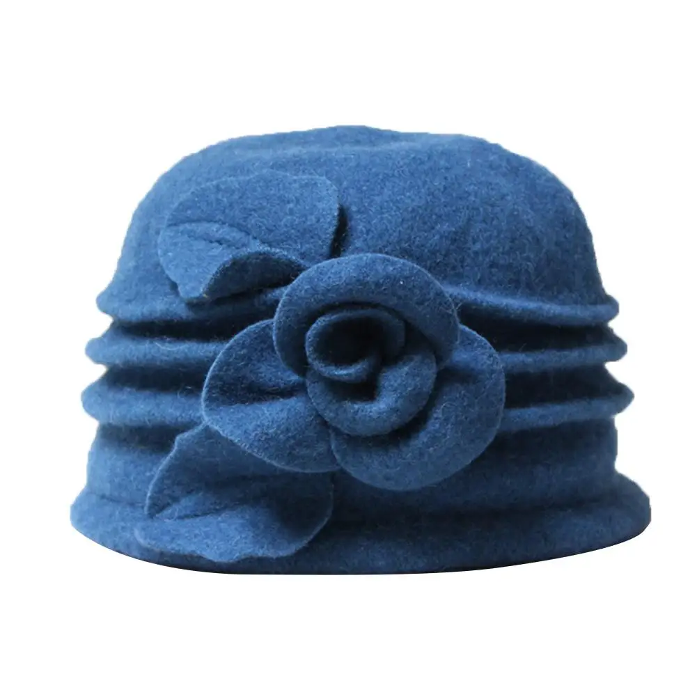 Элегантная официальная Женская шерстяная шляпа, теплая фетровая зимняя фетровая кепка, шляпа-котелок с цветами, женские вечерние шапки-котелки на свадьбу - Цвет: Blue