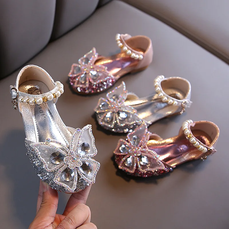 Zapatos con lazo de encaje de lentejuelas para niñas, zapatillas de baile de princesa con perlas bonitas, informales, para fiesta, boda, D721, novedad de 2020