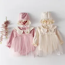 Одежда для новорожденных девочек; Детский комбинезон; платье принцессы с длинными рукавами; комбинезон с кукольным воротником; сетчатый хлопковый комбинезон с вышивкой