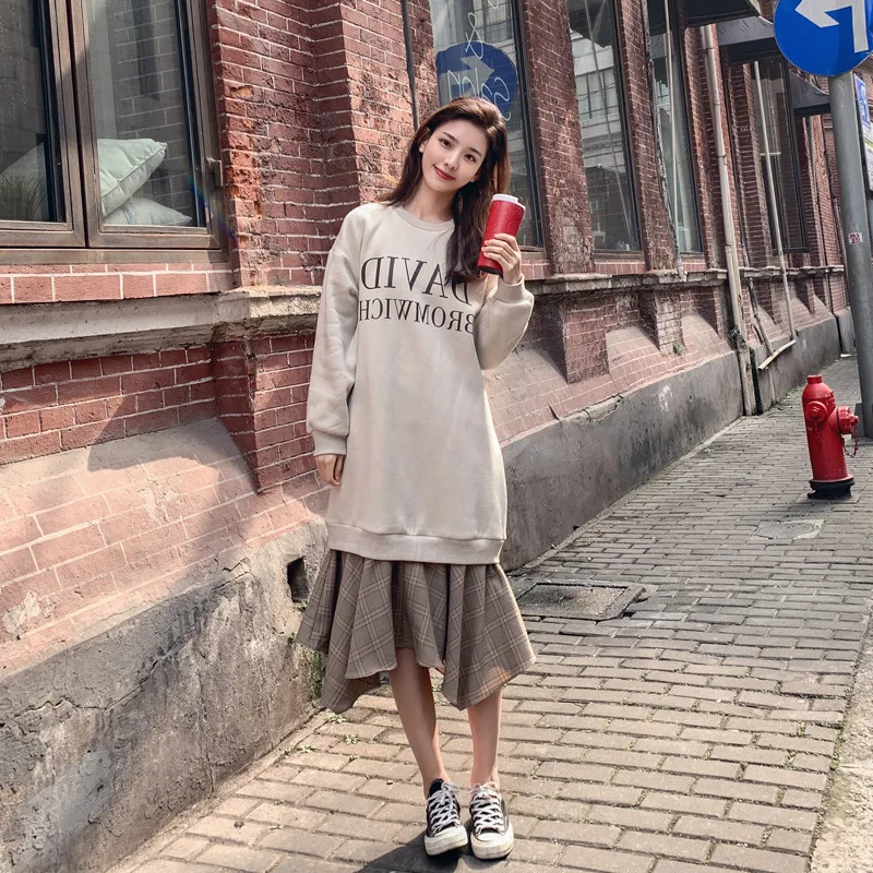 

Photo Shoot Hoodie Dress Women's Spring And Autumn 2019 New Style Korean-style Loose-Fit Long Sleeve Joint Mock Two-Piece Skirt