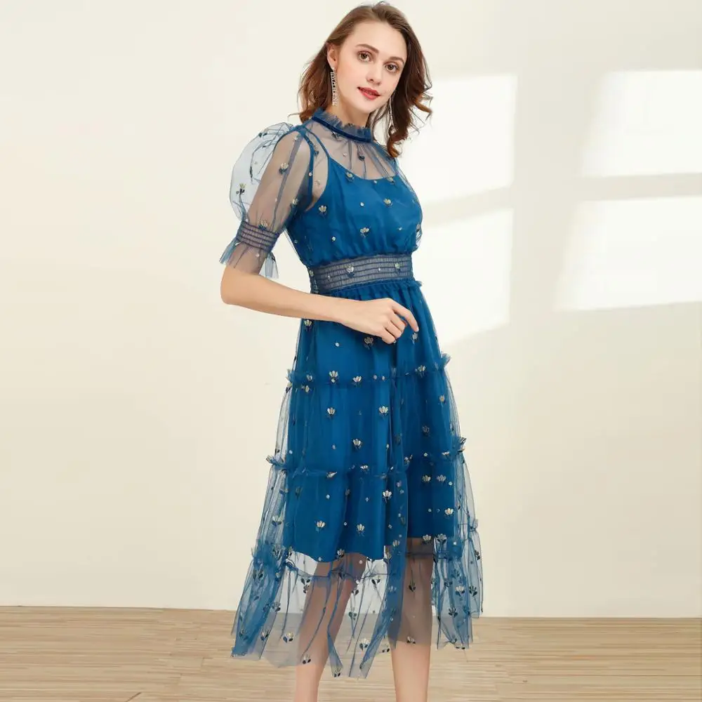 Runwaybox модные дизайнерские сезон: весна–лето Для женщин с пышными рукавами вышивка Сетчатое платье элегантные вечерние синие платья для отдыха