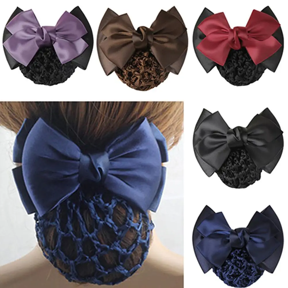 

Women Pro Bow Barrette Hair Clip Cover Bowknot Bun Snood Hairnet Hair Accessory New Floral Lace Satin Bow Hair Net Barrette