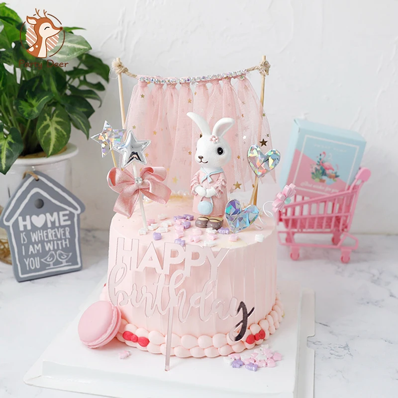 Fairy Pink bule Rabbit Cake Topper for Birthday Party Decorations Hollow Star Dessert Baby Shower Baking Supplies Kid Love Gifts | Дом и сад