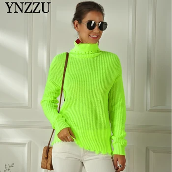 

Fluorescent color Turtleneck Women sweater 2019 Autumn Winter Long sleeve knitted tops Hollow out Pullover Jumpers YNZZU YT713