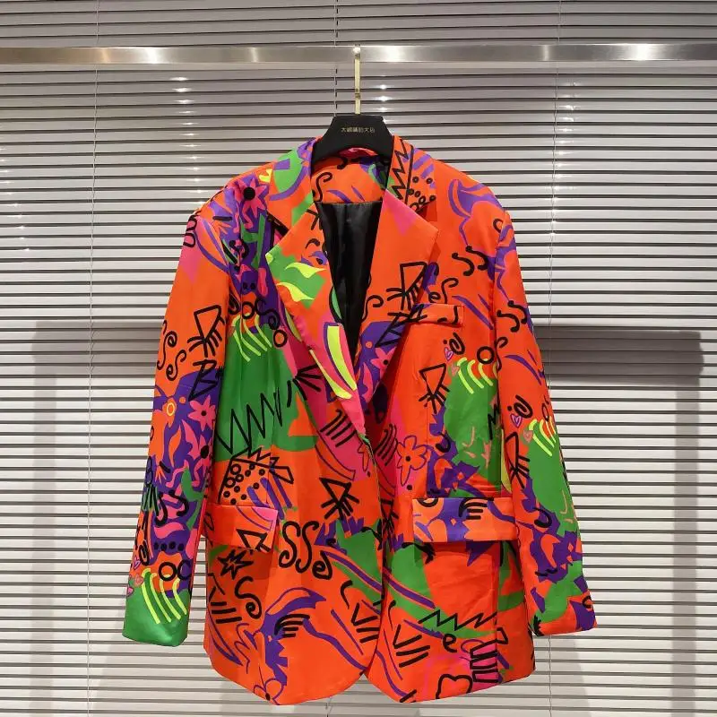 2020 Autumn New Arrival Long Sleeve Nothced Collar Orange Graffiti Printed Slim Blazer Women Coat Streetwear Ladies Suit Jacket