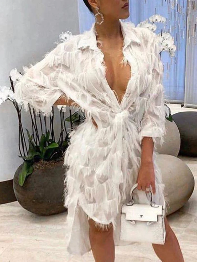 

2020 New Women Long Sleeve V -Neck White Tassels V-Neck Asymmetrical Shirt Dress