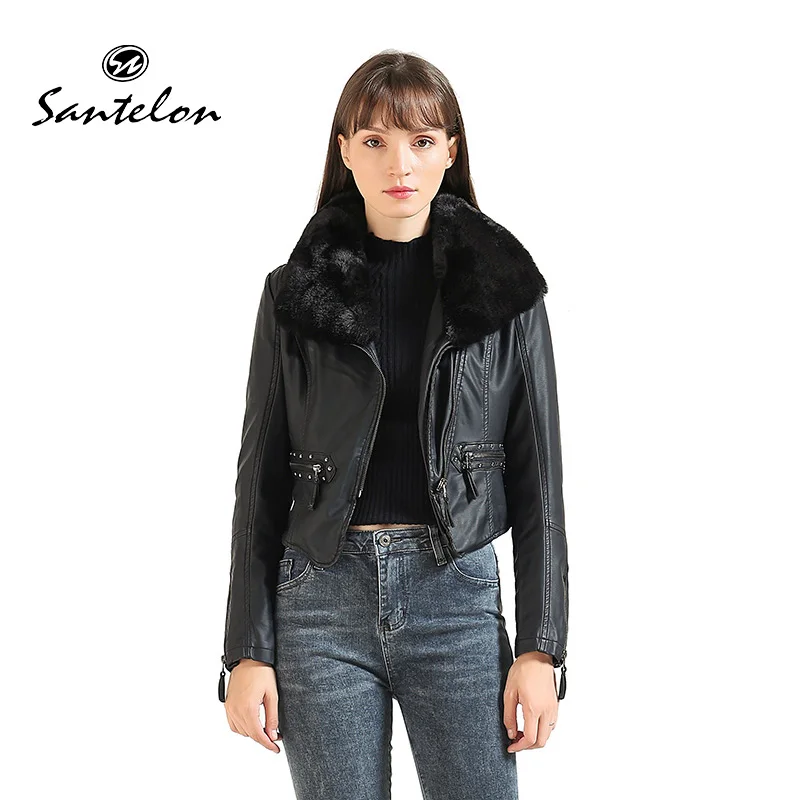 Новинка 2020 зимние женские куртки Santelon из искусственной мягкой кожи со съемным пушистым меховым воротником
