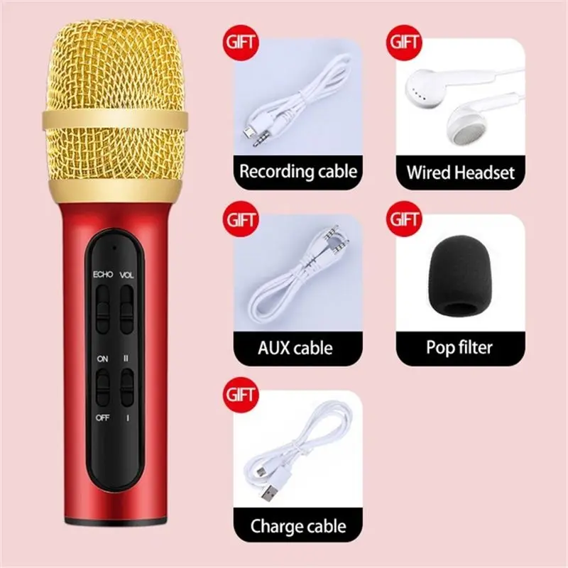 Портативный профессиональный конденсаторный микрофон для караоке, запись в реальном времени, емкостная звуковая карта, микрофон для мобильного телефона, компьютера, телевизора - Цвет: Красный
