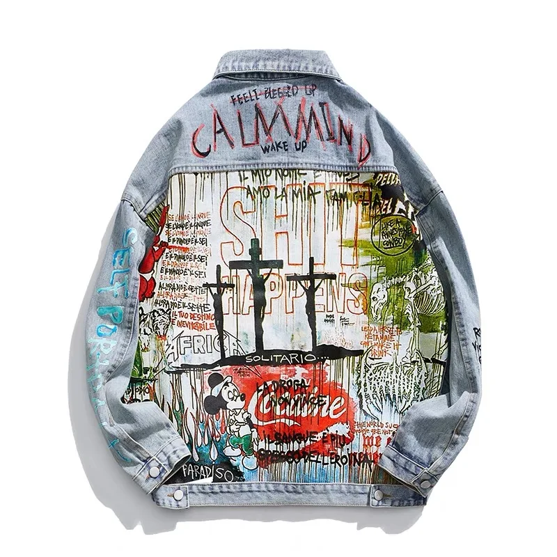 Cena Spokojny umysł szczęśliwy duch mały Demon Graffiti drukuj stary uszkodzony z dziurami, dżinsowe kurtki mężczyźni kobiety luźny płaszcz