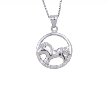 

925 Sterling Silver Hollow Round Circle Hoop Horse Female Pendants Zircon Necklaces For Women Collar Animal Jewelry