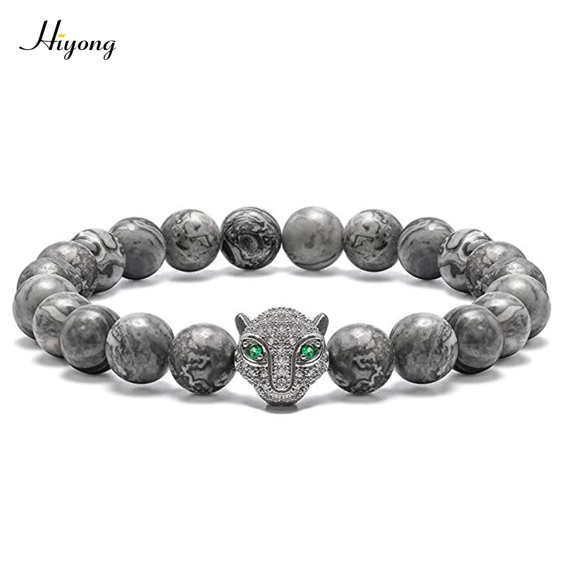 

HIYONG 8mm Map Stone Bracelet for Men Cubic Zirconia Leopard Head Natural Stone Beads Bracelet Elastic Charms Pulseras Hombre